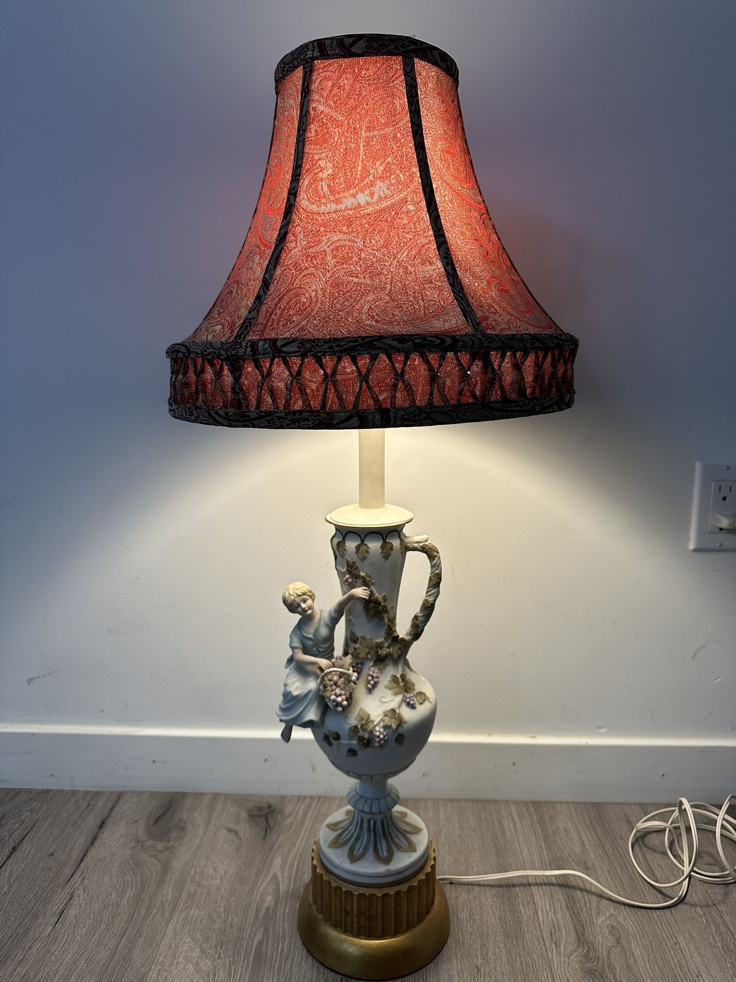 Vintage Porcelain Lamp with Red Shade & Girl Grape Figurine