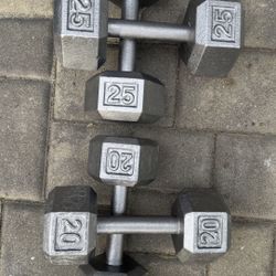 Pairs Of 20 And 25 Pound HEX Dumbbells 