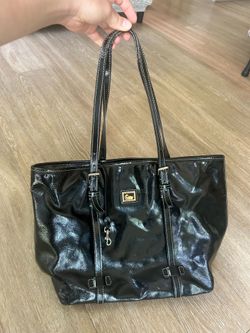 Dooney & Bourke Black Patent Leather Tote Bag Shoulder Purse Shopper DuckLogo Lg