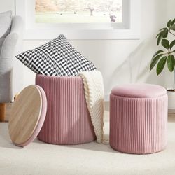Round Ottoman with Storage Set of 2,Vanity Stool with Storage for Bedroom, Ottoman Coffee Table,Small Velvet Foot Stool for Living Room, Pink
