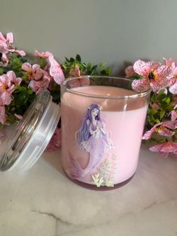 Mermaid pink candle in glass jar. Love Spell scented soy wax