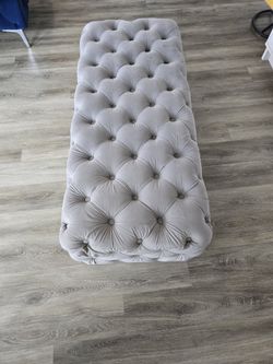 Light Grey Button-Tufted Velvet Bench Ottoman