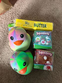 Squeezy Duck, squeezy dice, and butter