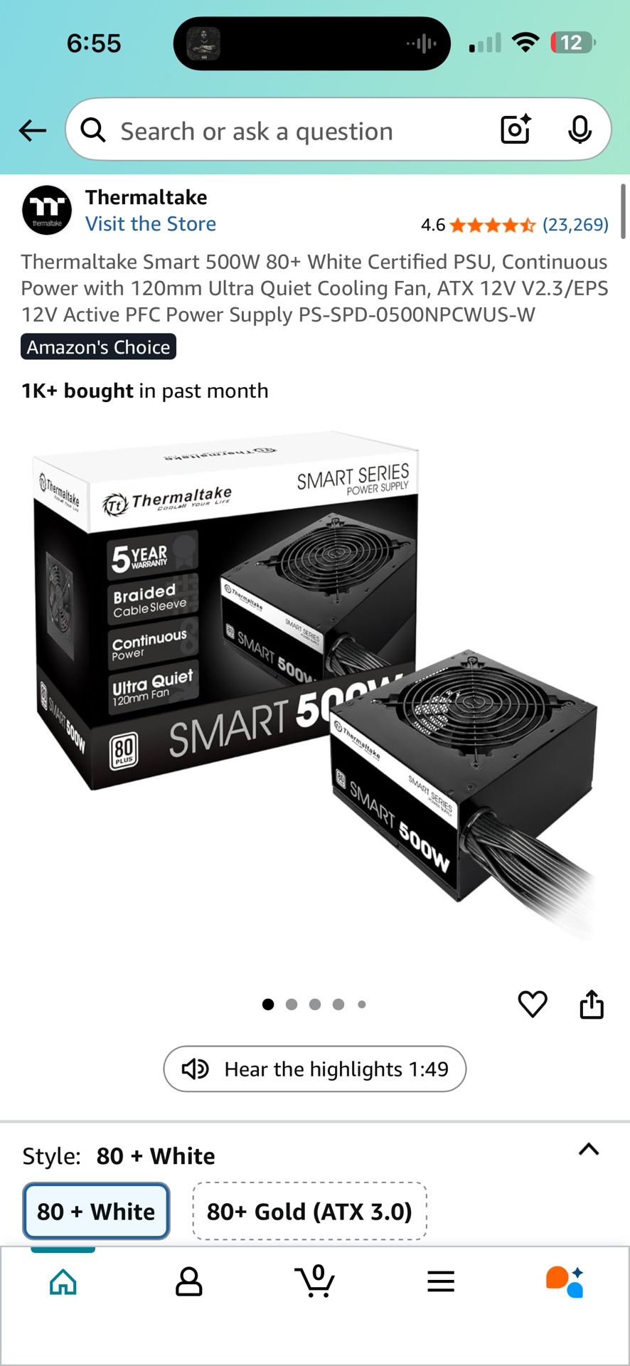 Thermaltake Smart 500W 80+ White Certified PSU, Continuous Power with 120mm Ultra Quiet Cooling Fan, ATX 12V V2.3/EPS 12V Active PFC Power Supply PS-S