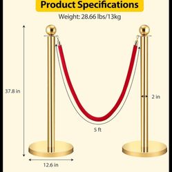 Towallmark Velvet Ropes and Posts 2pcs, 5 ft Red Velvet Rope Crowd Control Barriers Gold Stanchions Post with Ball Top, Red Carpet Poles for Red Carpe
