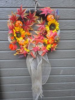 Fall Harvest Wreath with Burlap Bow