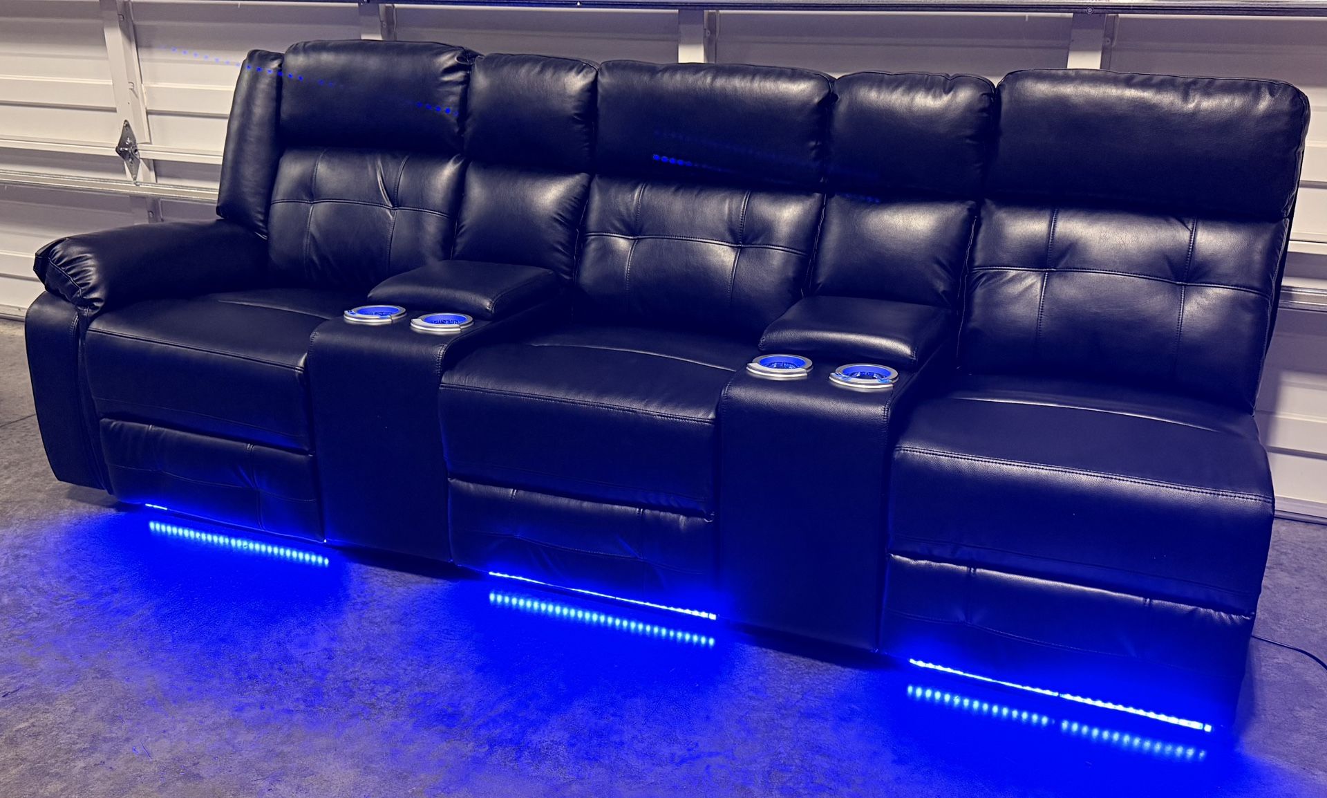 Power Sofa With LED LIGHT - Black Leather Gel Fabric