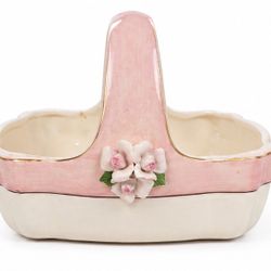 Vintage Ceramic Basket Planter Pink & Cream Floral Gold Trim Cottage Decor