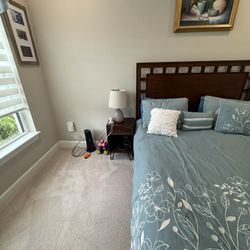 Queen Bed ( Headboard, Footboard and Side Rails). Five Drawer Chest.  Two Nightstands 