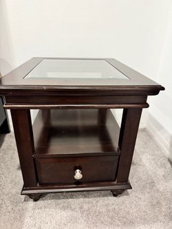 Dark Wood End Table with Glass Top and Drawer