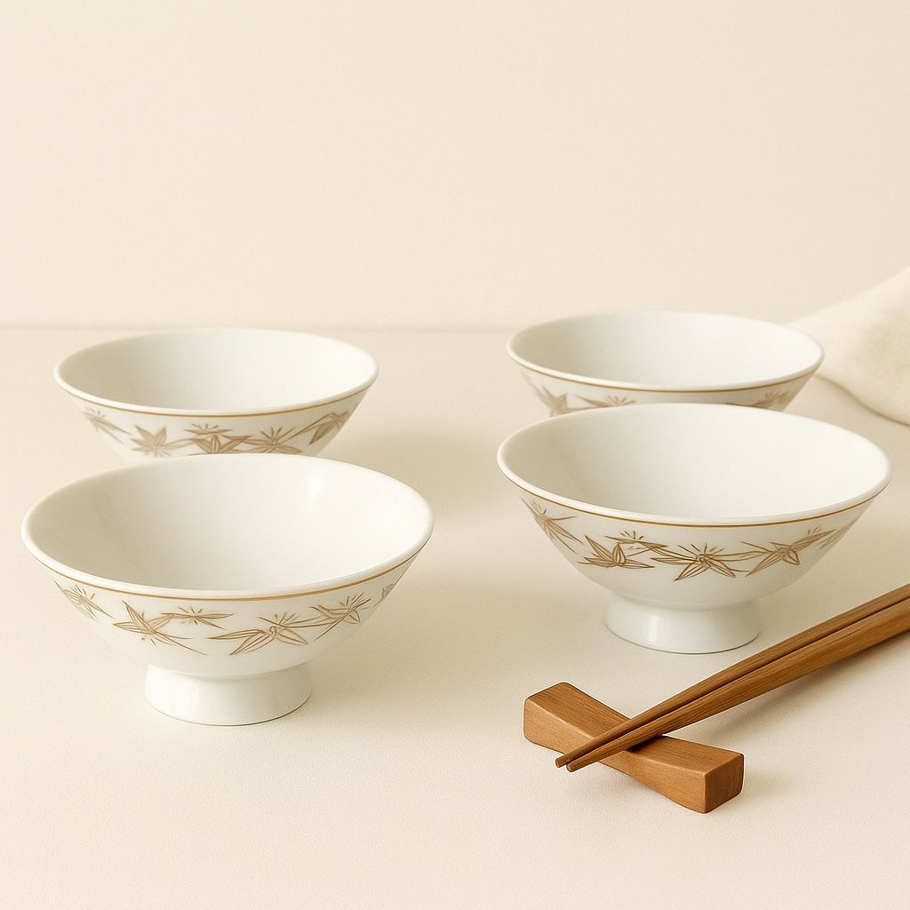 Japanese Vintage 1960s Set Of 4 Bamboo Leaf Rice Bowls Gold Trim, 5x2.25”