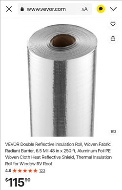 VEVOR Double Reflective Insulation Roll, Woven Fabric Radiant Barrier, 6.5 Mil 48 in x 250 ft, Aluminum Foil PE Woven Cloth Heat Reflective Shield, Th