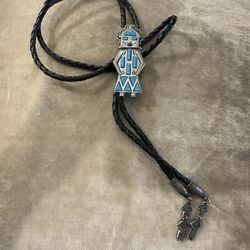 Vintage J. Ritter Signed Kachina Southwest Pewter, Faux Turquoise, Leather Braiding 17”