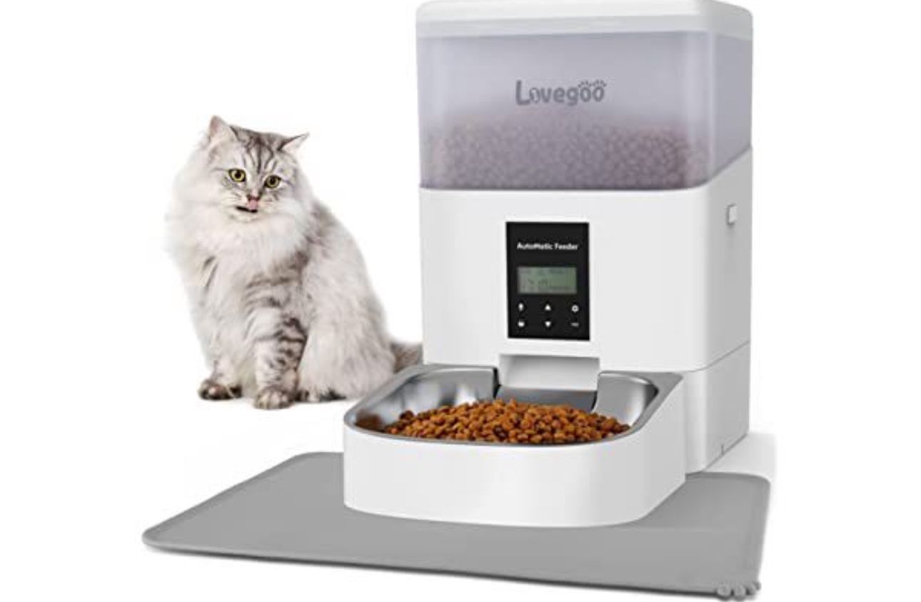 Lovegoo Automatic Cat Dog Feeder with Feeding Pad, Anti-Clogging Design, 4L Programmable Cat Feeder, Dry Pet Food Dispenser with Desiccant Bag, Twist