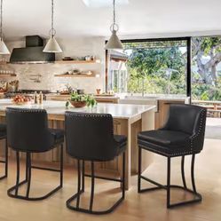 Aurora 26 in. Black Faux Leather Upholstered Counter Height Bar Stool with Double Cushion Counter Stool Set of 3