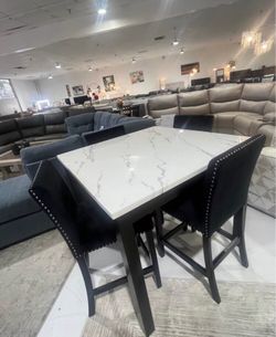 Gorgeous! 5-pc counter Height dining table set with black velvet upholstered chairs