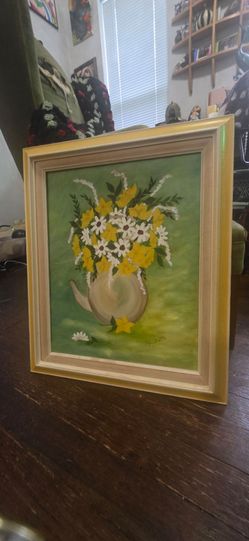 Vintage Framed Floral Teapot Oil Painting