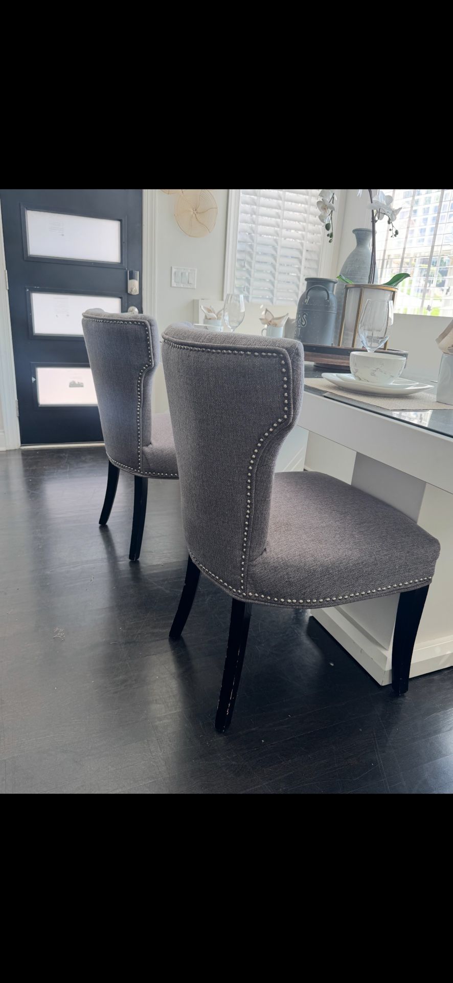 Gray Upholstered Dining Chairs with Nailhead Trim 75$ Each