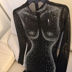 Fashion Nova Black Rhinestone Mesh Mini Dress Size 