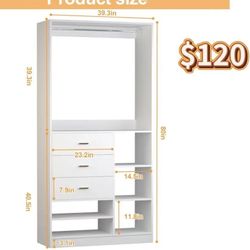 😀 80'' closet system with drawers ,Closet Organizer System with 2 Reversible Hanging Shelves & 3 Drawers – Ideal for Small or Walk-In Closets, White