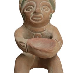 4.5” Man Clay Figure Holding Offering Bowl Made In Mexico PreColumbian Replica 