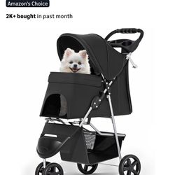 Foldable Pet Stroller with Weather Cover, 3 Wheels Pet Strolling Cart for Small/Medium Dogs and Cats with Storage Basket and Cup Holder, Breathable an