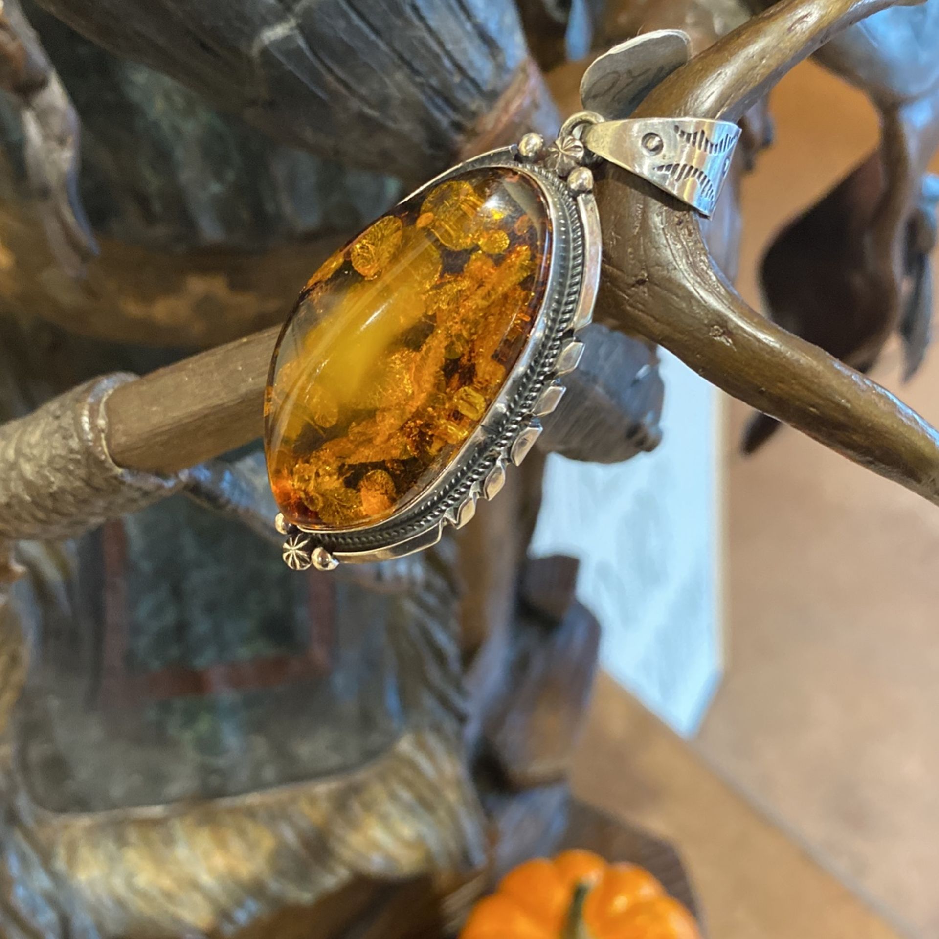 Sterling Silver And Amber Stone Navajo Pendant