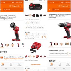 MILWAUKEE 2 DRILLS FOR THE PRICE OF ONE !!!!! + CHARGER, BATTERY WORK LIGHT AND TOOL BAG !!!! ALL FOR $225