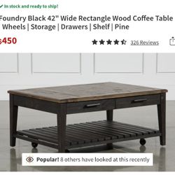Foundry Black 42" Wide Rectangle Wood Coffee Table | Wheels | Storage | Drawers | Shelf | Pine