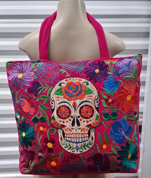Sugar Skull Skeleton Embroidered Tote Bag