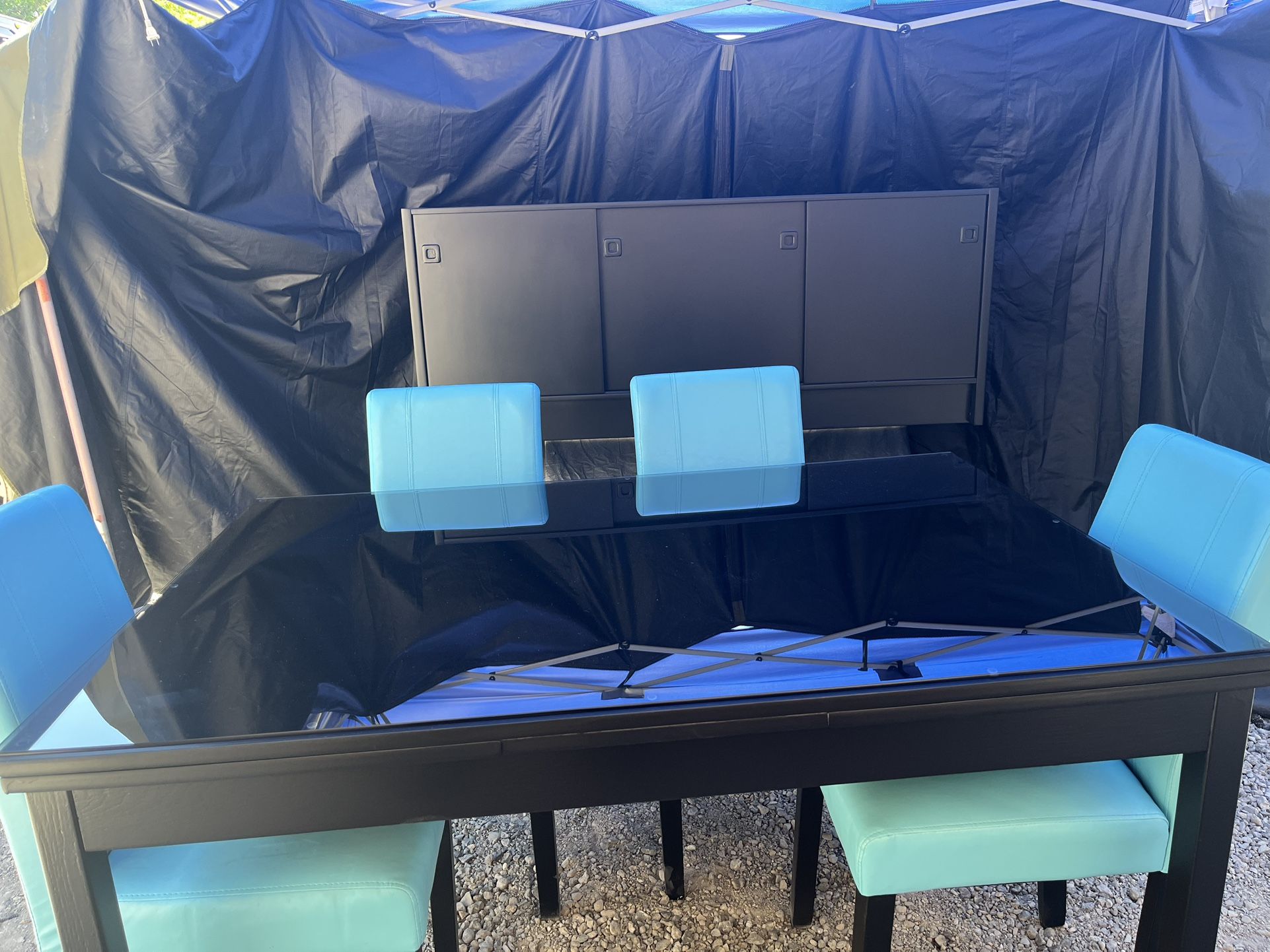 Black Table w/glass Top 4 Chairs & Credenza
