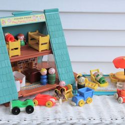 Vintage Fisher Price Little People (Circa 60's/70's) "A" Frame House and Accessories - People, Furniture, Cars, Patio, Dog, Etc. 