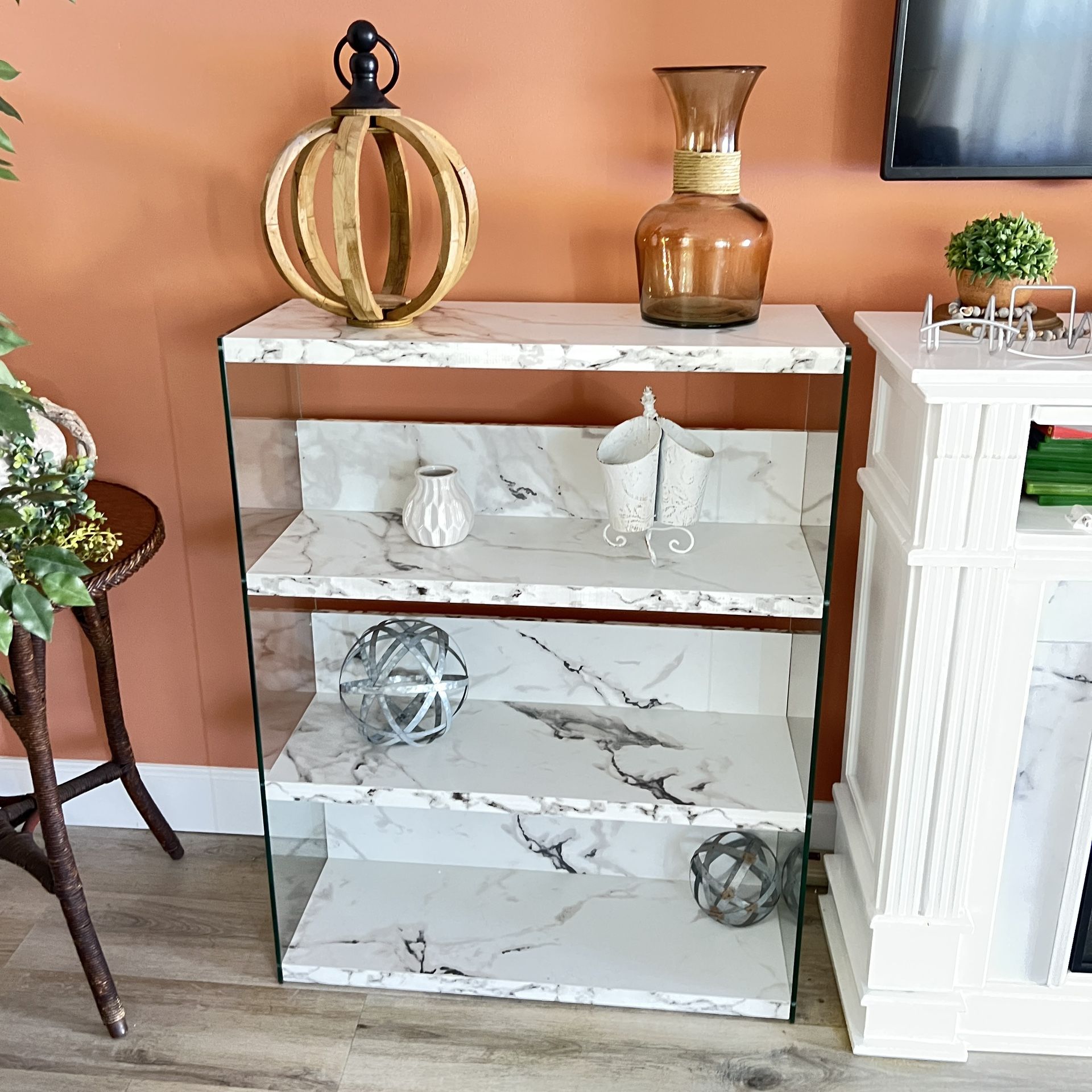 4 Tier Faux Wide Bookcase White Marble