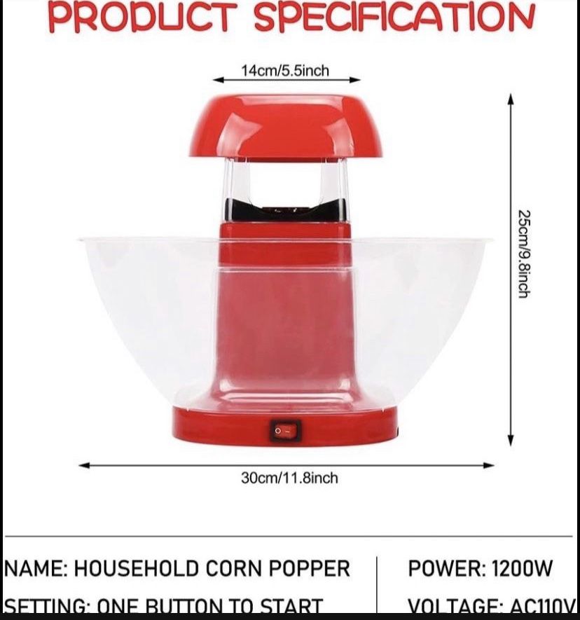 Hot Air Popcorn Popper Machine Home Electric Popcorn Maker w Large cup +top lid