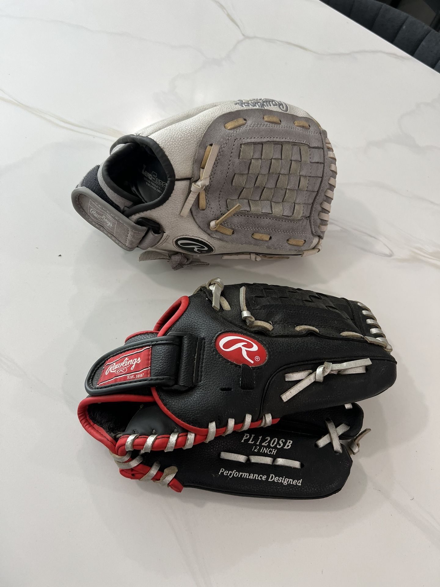RAWLINGS BASEBALL GLOVE Players Series PL120SB 12” & Rawlings FP12GWDS Softball Glove 12” RHT Leather Palm Fastpitch Grey Color