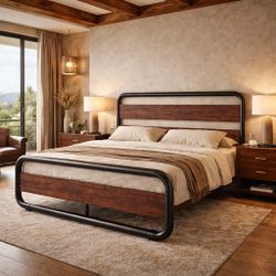 Queen Bed Metal Bed Frame with Wooden Headboard and Footboard, Heavy Duty Oval-Shaped Platform Bed with Under-Bed Storage, Noise Free, No Box Spring 