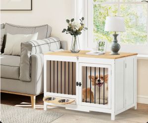 WH 39.4" Furniture-Style Dog Crate for Small & Medium Dogs - Foldable Wood Dog Kennel for Indoor/Outdoor Use, White