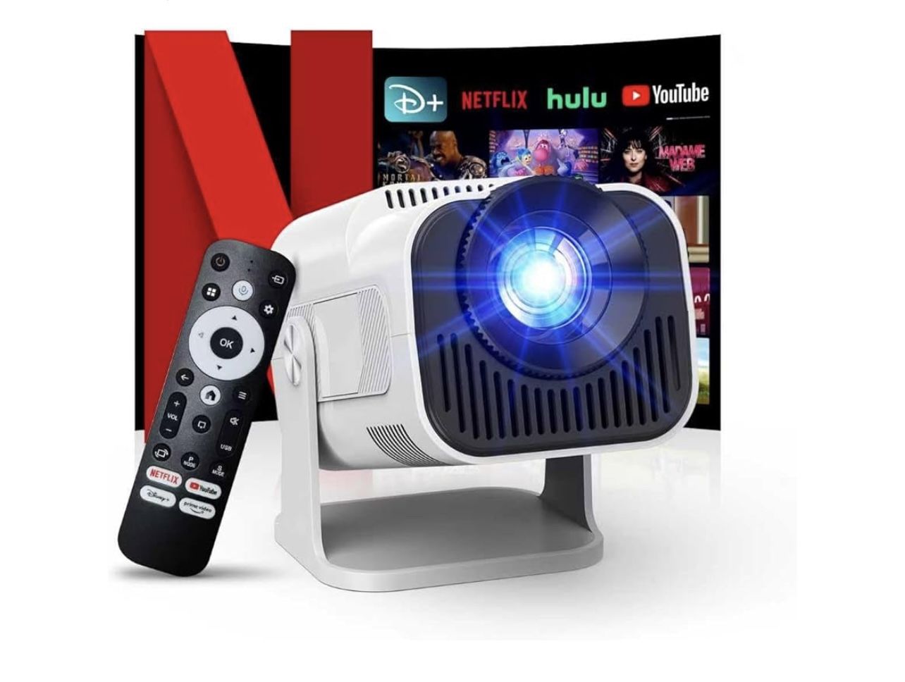 4K Projector with Wifi and Bluetooth, 1080P Native Mini Projector Portable, One-Click Use Built-in NetfIix/YouTube/PrimeVideo/D+, Smart Home Outdoor P
