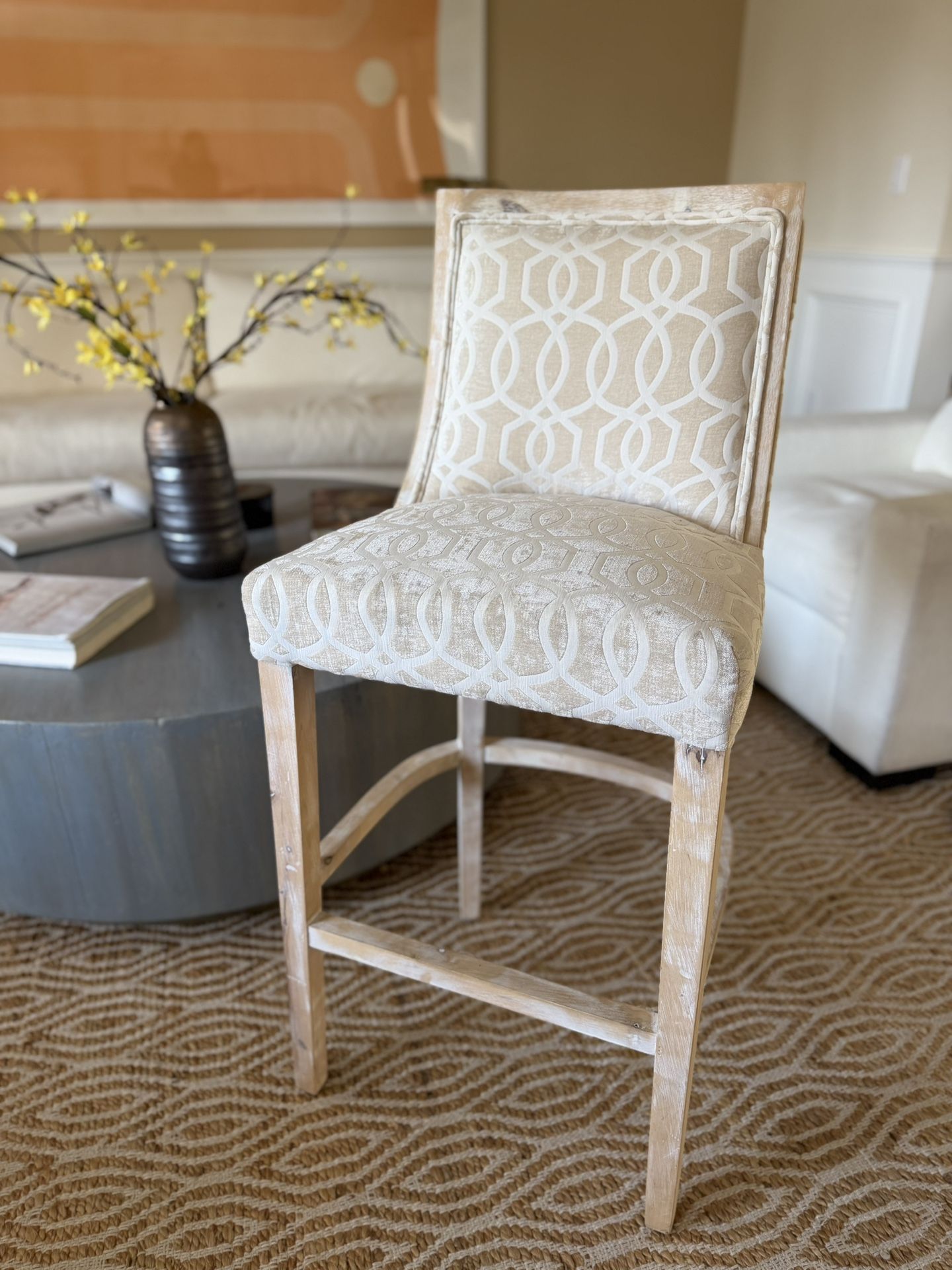 Brand New Bar Upholstered Barstool With White Washed Wooden Frame
