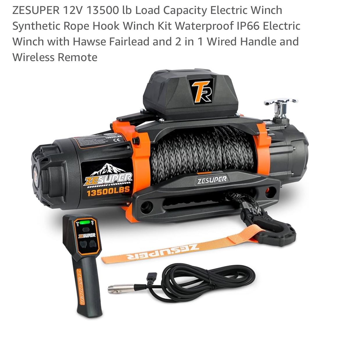 ZESUPER 12V 13500 lb Load Capacity Electric Winch Synthetic Rope Hook Winch Kit Waterproof IP66 Electric Winch with Hawse Fairlead and 2 in 1 Wired Ha