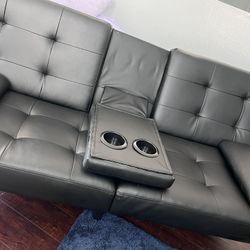 Black Leather Futon Sofa Bed w Cup Holders And Pillows