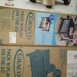 2 Graco Pack-and-play and Fisher-Price Walk, Bounce & Ride Pony. 
