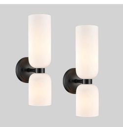 Set of Two 2-Light Modern Wall Light Bathroom Vanity Light, Milky White Glass
