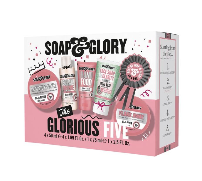 Soap & Glory The Glorious Five Gift Set - Righteous Butter Body Butter, Clean On Me Body Wash, Flake Away Body Scrub, Vitamin C Facial Wash, & Hand cr