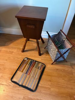 Vintage Sewing Stand, Knitting Basket & Needle Set
