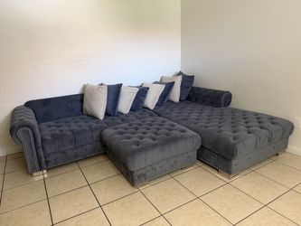 Velvet Tufted Sectional Sofa with Ottoman