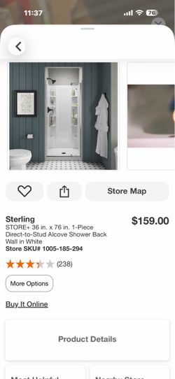 Sterling STORE+ 36 in. x 76 in. 1-Piece Direct-to-Stud Alcove Shower Back Wall in White