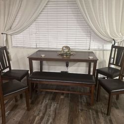 Beautiful Brown Dining Table With Little Leather Bench With 4 Chairs 