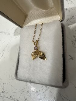 14K Solid Gold Leaf Necklace with Pink Gemstone – Dainty & Elegant 