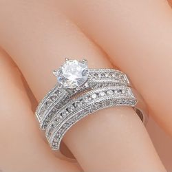 14K White Gokd Plated Engagement Wedding Ring Set